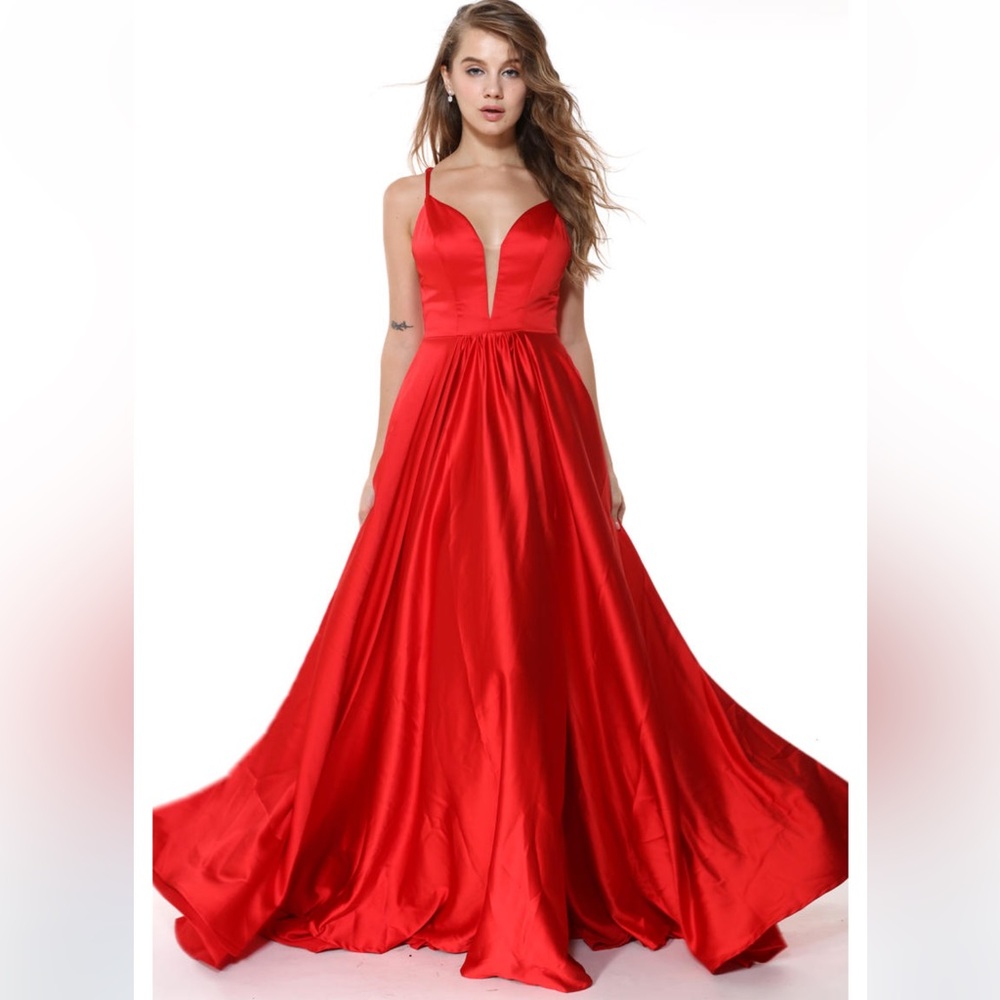 Ava Presley Formal Gown Size 14 -Red Satin Plunge Neckline Evening/Prom Dress